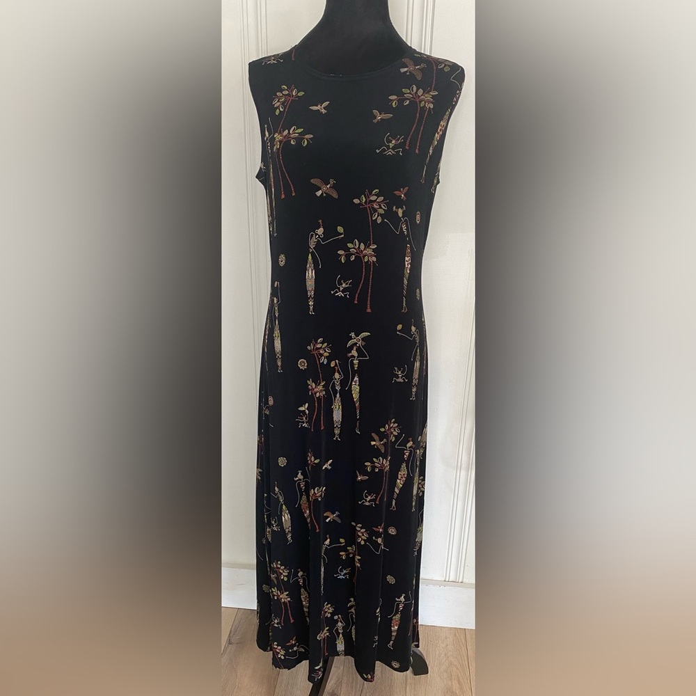 Black Sleeveless Midi Dress Tribal Art Print Boho A-Line Casual Women’s